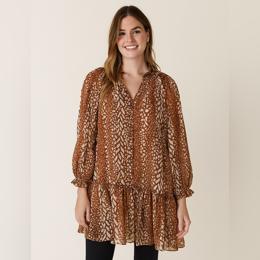 Christy Lynn NWT Jenny Dress Fall Brown Animal Print Ruffle Dress, size S